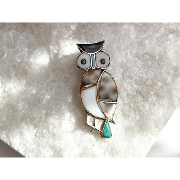 Multistone Vintage Southwest Native American Owl Figural Sterling Silver Brooch - Picture 5 of 9